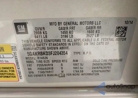 2015 Buick Enclave Leather z USA, uszkodzony, nr VIN 5GAKRBKD3FJ204354